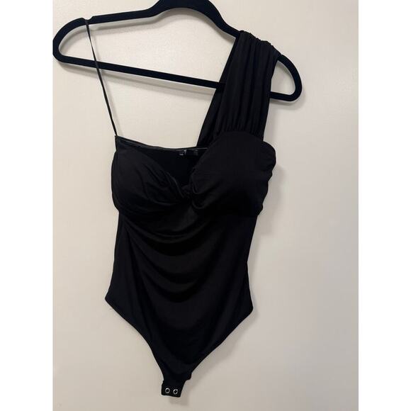 Express Medium Black One Shoulder Contour Compression Twist Front Bodysuit - Picture 2 of 7
